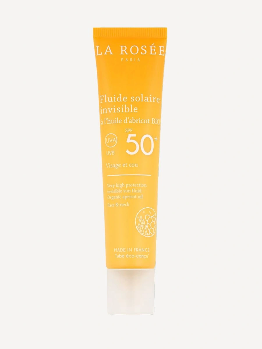 Tube de fluide solaire invisible La Rosée SPF50 sur fond gris clair