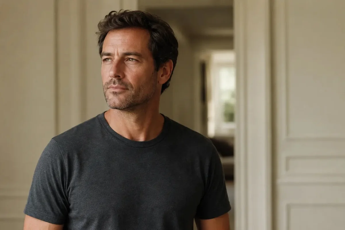Homme de 40 ans qui veut perdre du ventre, posture naturelle.
