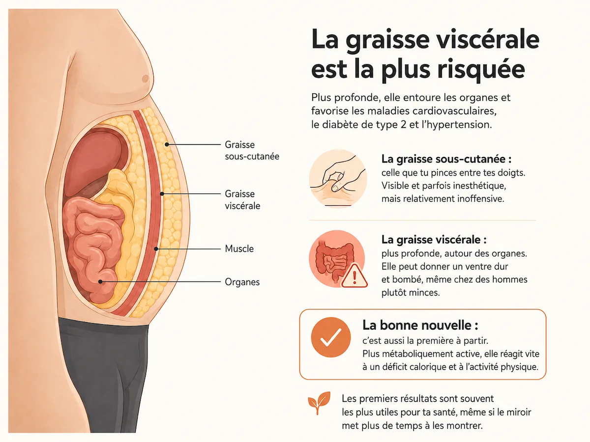 Schéma comparant la graisse sous-cutanée et la graisse viscérale chez l'homme, et pourquoi la viscérale est la plus risquée
