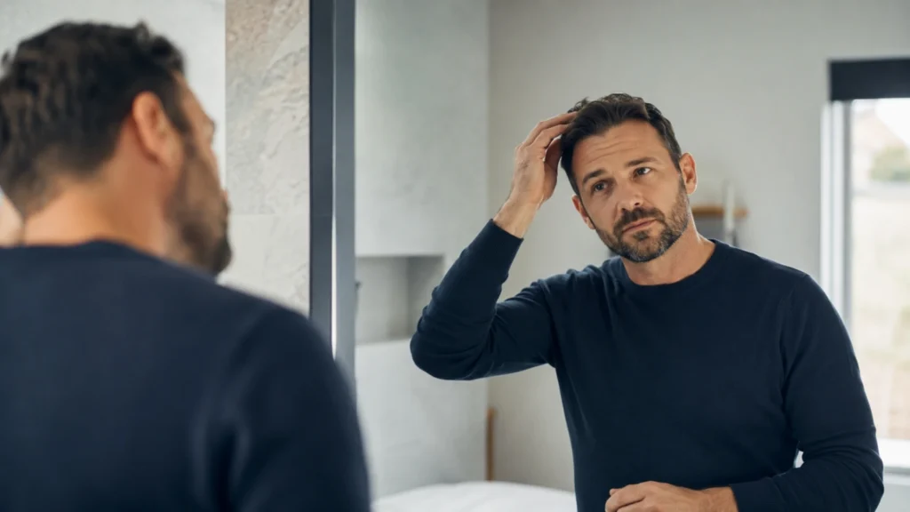 Homme d'une quarantaine d'années en pull marine se regardant dans le miroir de sa salle de bain en ajustant ses cheveux, lumière naturelle