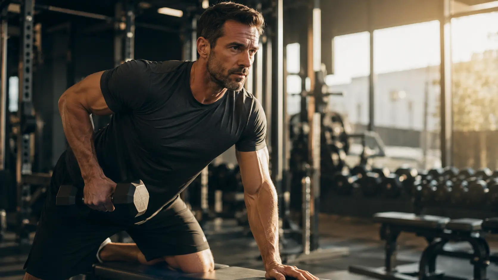Homme d'une quarantaine d'années en tee-shirt noir réalisant un rowing à un bras avec haltère, en appui sur un banc dans une salle de musculation, lumière naturelle
