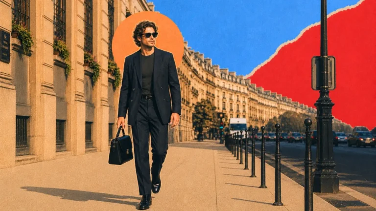 Homme en costume marine à fines rayures, tee-shirt noir et sacoche en cuir, marchant sur un trottoir haussmannien parisien au soleil
