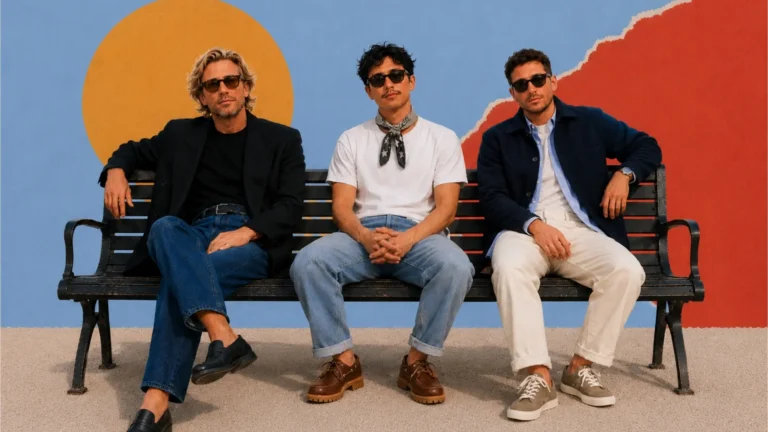 Trois hommes en tenue décontractée chic assis sur un banc : blazer noir et jean, tee-shirt blanc et bandana, veste chore marine et pantalon crème, devant une fresque colorée
